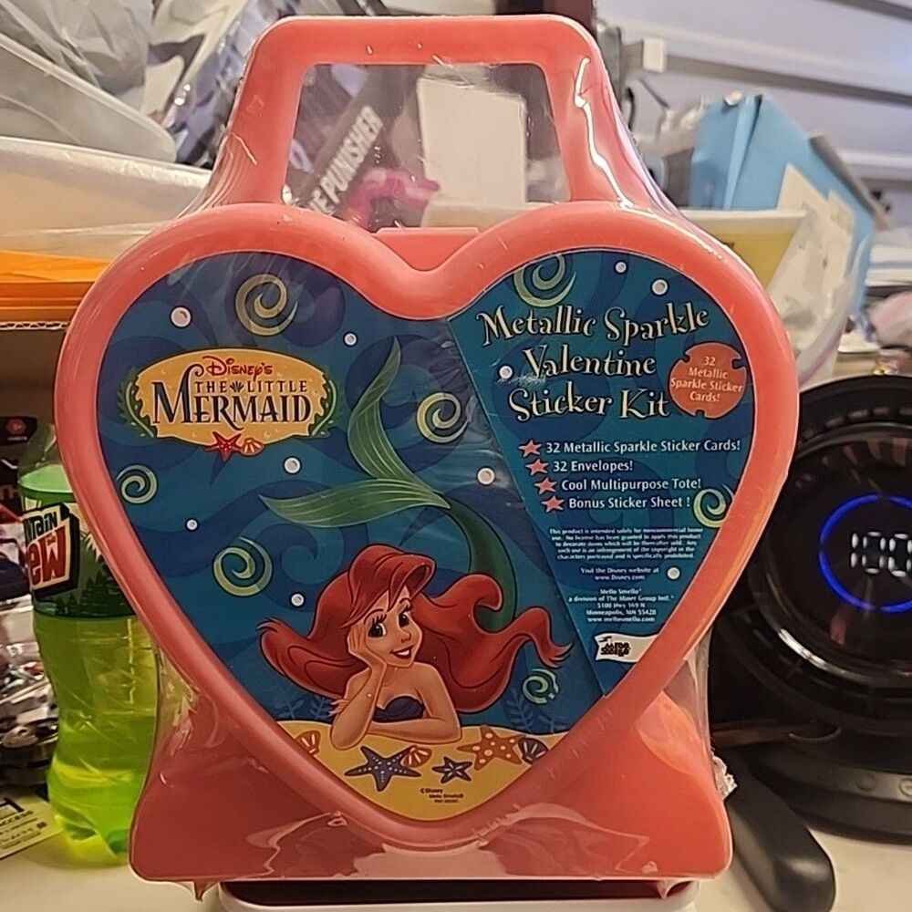 Vintage 32 Disney Little Mermaid Metallic Sparkle Valentine Sticker Kit W/ Case